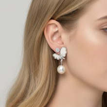 Load image into Gallery viewer, Round Pearl & Mother Of Pearl Bow Earring, Sterling Silver
