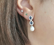 Load image into Gallery viewer, Blue Crystal Infinity & Freshwater Pearl Earrings, Sterling Silver