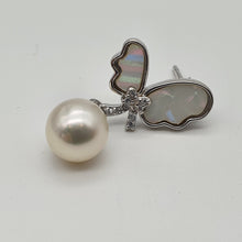 Load image into Gallery viewer, Round Freshwater Pearl Mother Of Pearl Bow Earring, Sterling Silver