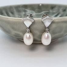 Load image into Gallery viewer, Triangle Mother Of Pearl & Drop Pearl Earrings, Sterling Silver