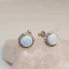Load image into Gallery viewer, Round Created Opal stud Earrings, Sterling Silver
