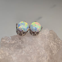 Load image into Gallery viewer, Round Created White Opal Stud Earring, Sterling Silver
