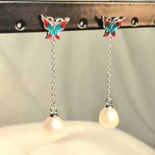 Load image into Gallery viewer, Freshwater Pearl  &amp; Enamel Earrings, Sterling Silver
