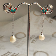 Load image into Gallery viewer, Freshwater Pearl  &amp; Enamel Earrings, Sterling Silver

