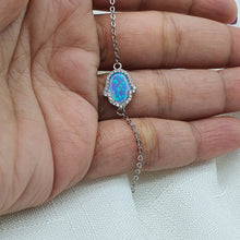 Load image into Gallery viewer, Created Blue Opal Hamsa Hand Bracelet, Sterling Silvet
