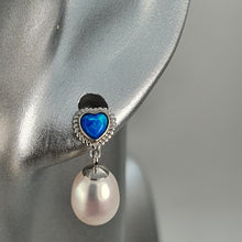 Load image into Gallery viewer, Created Blue Opal &amp; Pearl Earring, Sterling Silver
