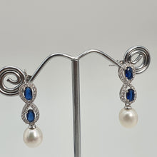 Load image into Gallery viewer, Blue Crystal Infinity &amp; Freshwater Pearl Earrings, Sterling Silver

