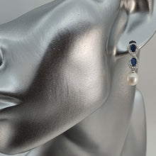 Load image into Gallery viewer, Blue Crystal Infinity &amp; Freshwater Pearl Earrings, Sterling Silver
