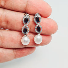Load image into Gallery viewer, Blue Crystal Infinity &amp; Freshwater Pearl Earrings, Sterling Silver
