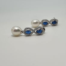 Load image into Gallery viewer, Blue Crystal Infinity &amp; Freshwater Pearl Earrings, Sterling Silver
