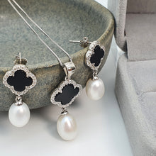 Load image into Gallery viewer, Freshwater Cultured Drop Pearl &amp; Agate Clover Set, Sterling Silver
