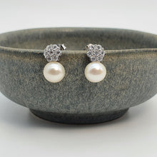 Load image into Gallery viewer, Round Freshwater Pearl Floral Earring, Sterling Silver
