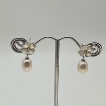 Load image into Gallery viewer, Floral Mother Of Pearl &amp; Drop Pearl Earrings, Sterling Silver
