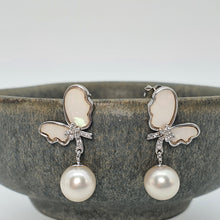 Load image into Gallery viewer, Round Freshwater Pearl Mother Of Pearl Bow Earring, Sterling Silver

