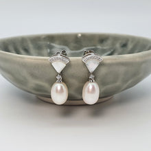 Load image into Gallery viewer, Triangle Mother Of Pearl &amp; Drop Pearl Earrings, Sterling Silver
