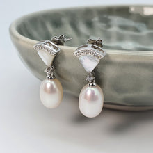 Load image into Gallery viewer, Triangle Mother Of Pearl &amp; Drop Pearl Earrings, Sterling Silver
