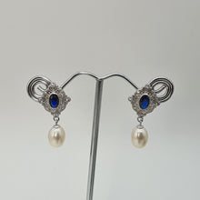 Load image into Gallery viewer, Blue Crystal &amp; Freshwater Pearl Earring, Sterling Silver
