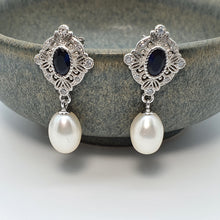 Load image into Gallery viewer, Blue Crystal &amp; Freshwater Pearl Earring, Sterling Silver
