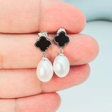 Load image into Gallery viewer, Black Agate Clover &amp; Freshwater Pearl Drop Earring, Sterling Silver
