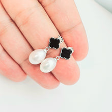 Load image into Gallery viewer, Black Agate Clover &amp; Freshwater Pearl Drop Earring, Sterling Silver
