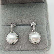 Load image into Gallery viewer, Sparkling Round Freshwater Pearl Halo Earrings, Sterling Silver
