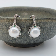 Load image into Gallery viewer, Sparkling Round Freshwater Pearl Halo Earrings, Sterling Silver
