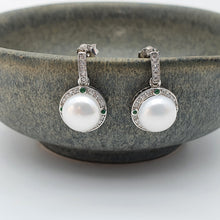 Load image into Gallery viewer, Sparkling Round Freshwater Pearl Halo Earrings, Sterling Silver
