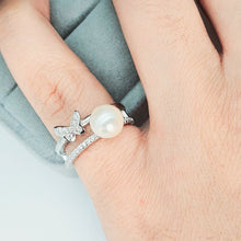 Load image into Gallery viewer, Round Freshwater Pearl Butterfly ring, sterling silver
