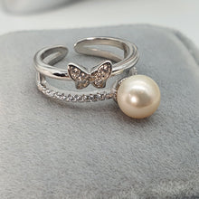 Load image into Gallery viewer, Round Freshwater Pearl Butterfly ring, sterling silver
