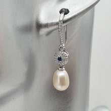 Load image into Gallery viewer, Blue Crystal &amp; Freshwater Pearl Bridal Earrings, Sterling Silver
