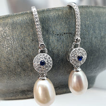 Load image into Gallery viewer, Blue Crystal &amp; Freshwater Pearl Bridal Earrings, Sterling Silver
