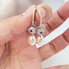 Load image into Gallery viewer, Blue Crystal &amp; Freshwater Pearl Bridal Earrings, Sterling Silver
