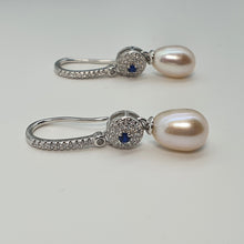 Load image into Gallery viewer, Blue Crystal &amp; Freshwater Pearl Bridal Earrings, Sterling Silver
